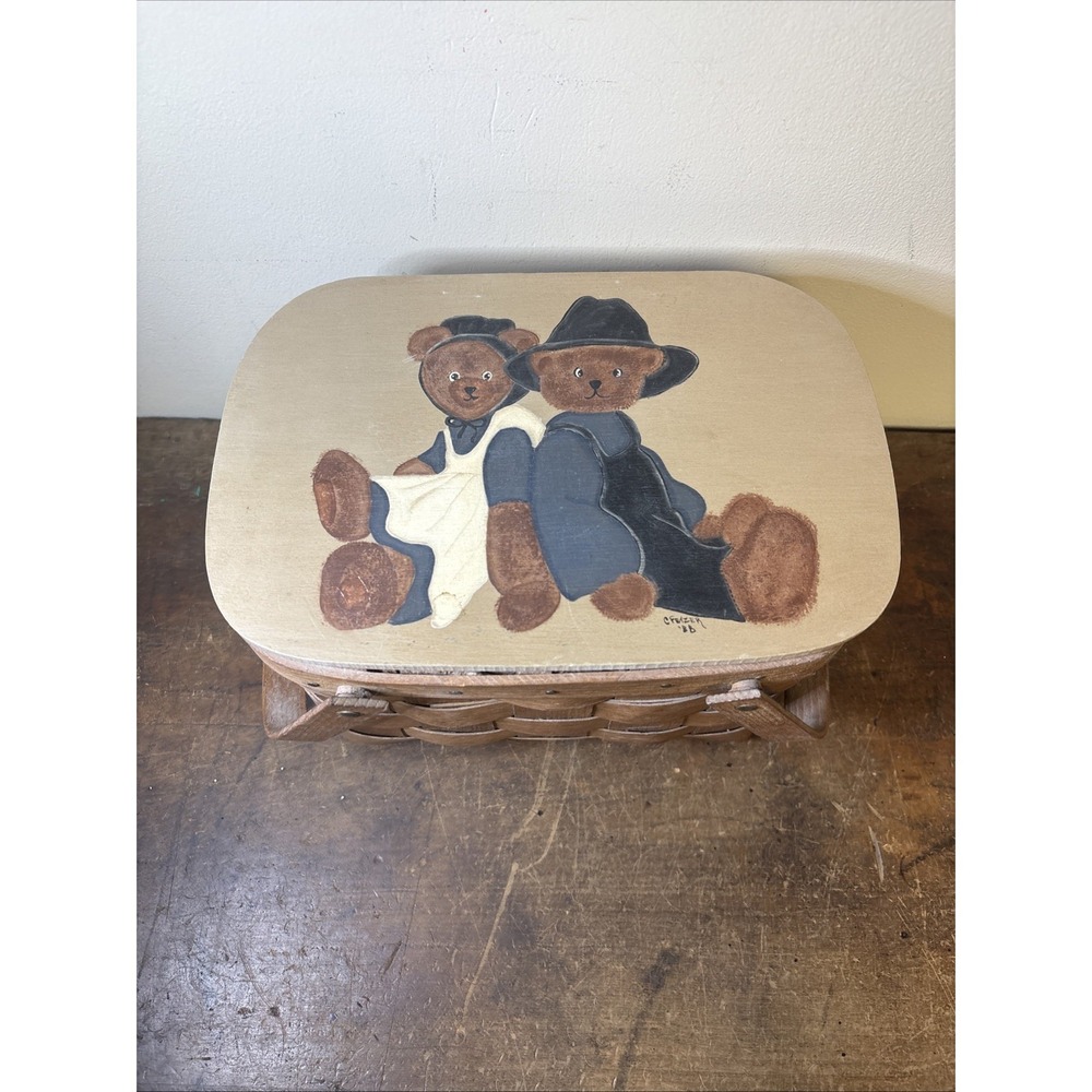 Handpainted Small Picnic Basket Amish Bears Double Handle Signed 1988 6"x11"x7"